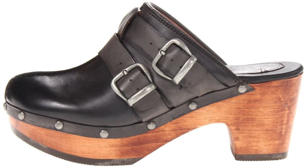 Ariat Bridlespur Wood Heeled Leather Clogs brass buckles studded black size 8